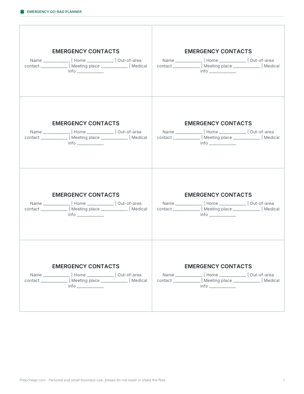 Preview of Printable Contact Cards PDF