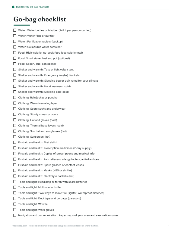 Preview of Printable Go-Bag Checklist