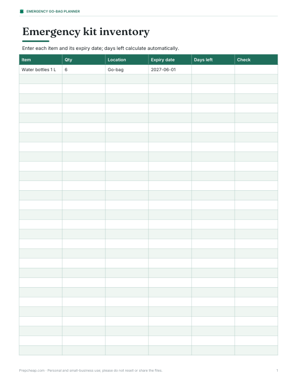 Preview of Printable Bug Out Bag Inventory Sheet