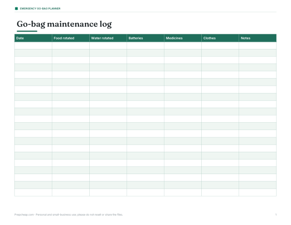 Preview of Printable Go-Bag Maintenance Log